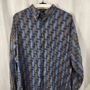 Gillio Dress Shirt XXL Hidden Button Down Collar Gray Blue Tan Abstract Stripe